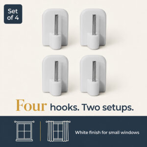 Set of four white adhesive hooks shown in two window setups for small windows