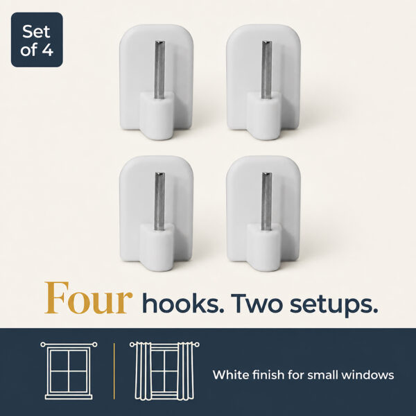 Set of four white adhesive hooks shown in two window setups for small windows