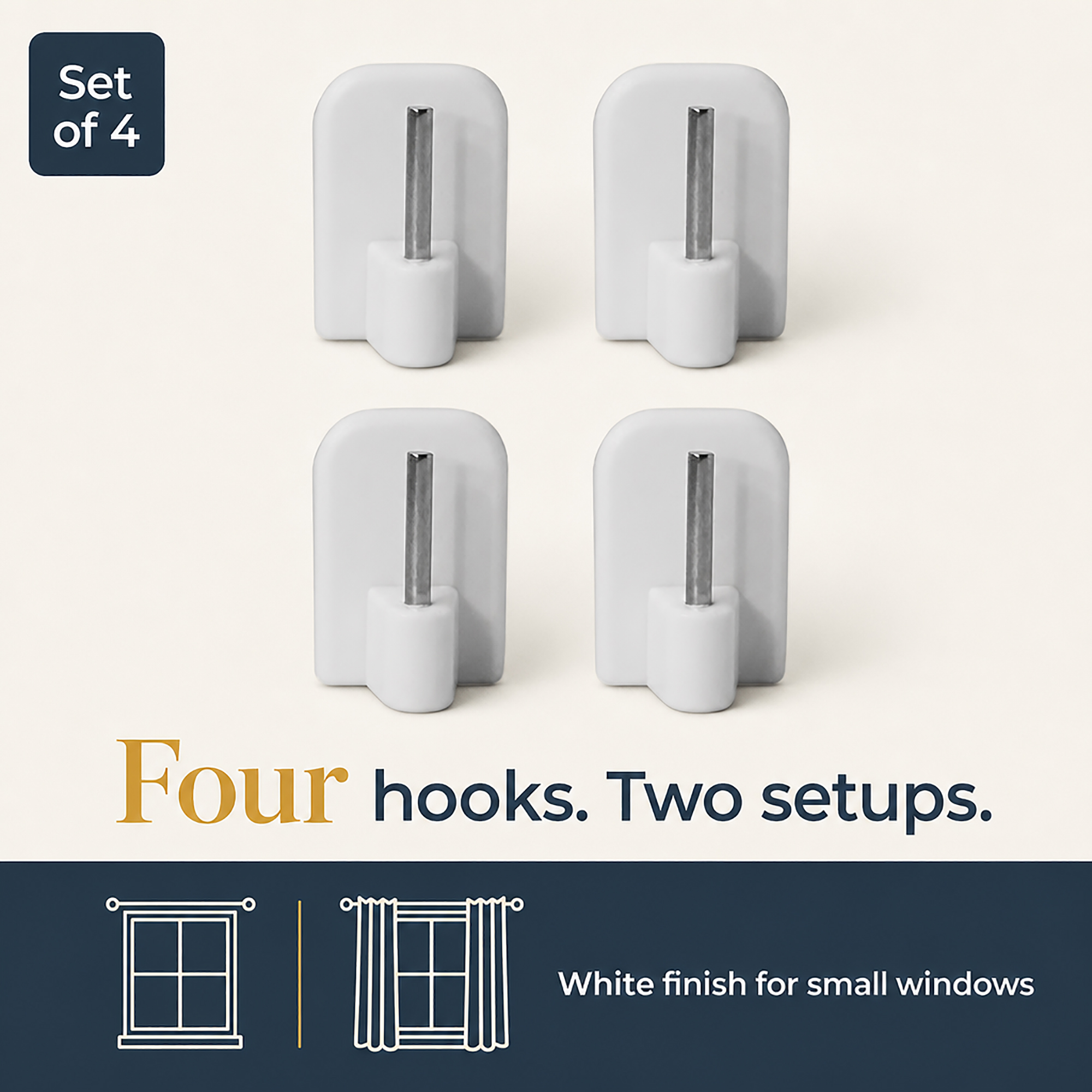 Set of four white adhesive hooks shown in two window setups for small windows