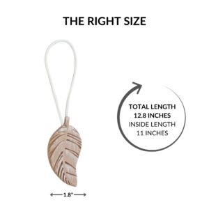 Natural wood leaf curtain tieback dimensions, 12.8 inches long and 1.8 inches wide