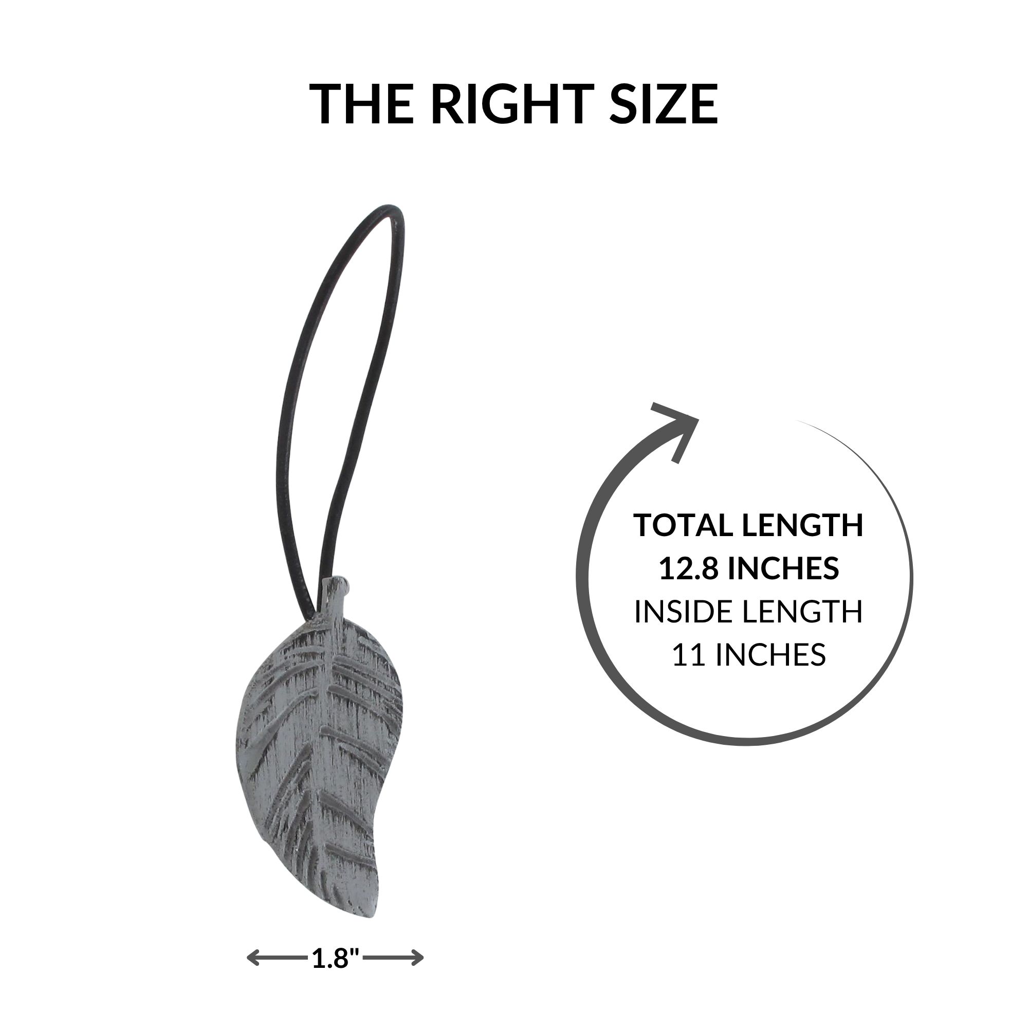 Gray leaf curtain tieback dimensions, 12.8 inches total length and 1.8 inches wide