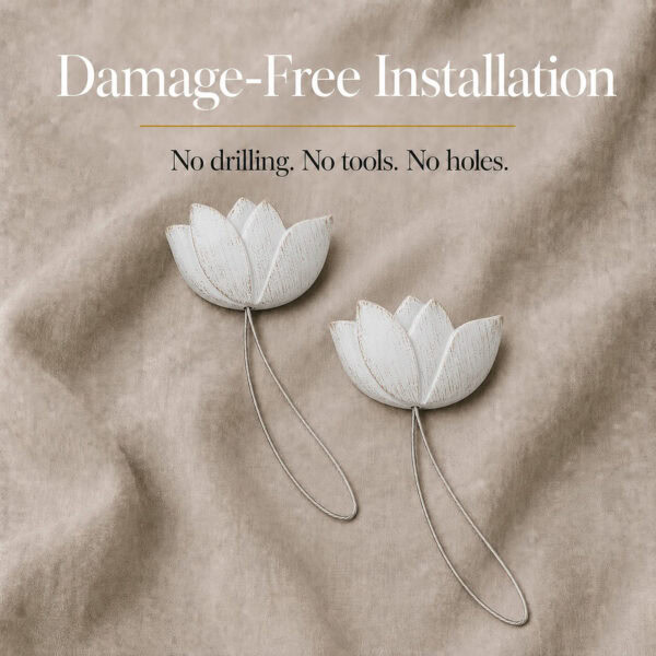installation: Two white resin tulip tiebacks resting on soft linen with twisted cable loops, illustrating tool free installation with no drilling or holes.