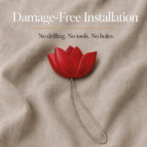 installation: Red resin tulip tieback resting on soft linen with its twisted cable loop, illustrating tool free installation with no drilling or holes. installation: Red resin tulip tieback resting on soft linen with its twisted cable loop, illustrating tool free installation with no drilling or holes.