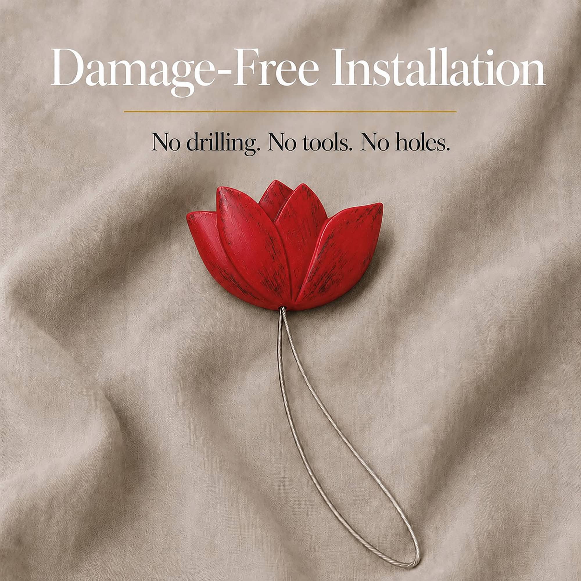 installation: Red resin tulip tieback resting on soft linen with its twisted cable loop, illustrating tool free installation with no drilling or holes. installation: Red resin tulip tieback resting on soft linen with its twisted cable loop, illustrating tool free installation with no drilling or holes.