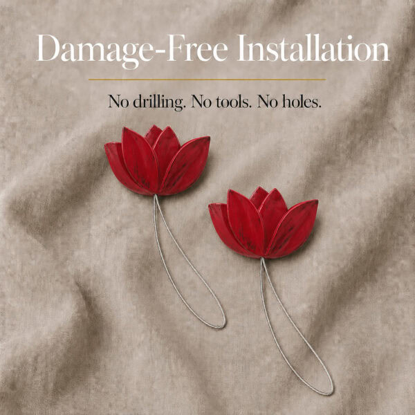installation: Two red resin tulip tiebacks resting on soft linen with twisted cable loops, illustrating tool free installation with no drilling or holes.