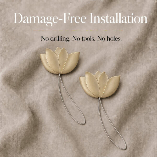 installation: Two gold resin tulip tiebacks resting on soft linen with twisted cable loops, illustrating tool free installation with no drilling or holes.