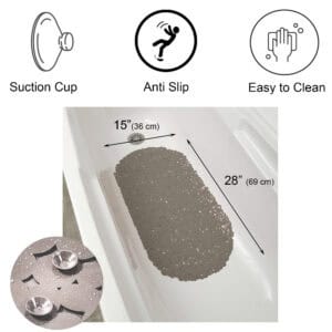 Product features diagram showing suction cups, anti-slip surface, easy cleaning, and dimensions 28x15 inches