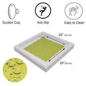 Product features diagram showing suction cups, anti-slip surface, easy cleaning, and dimensions 20x20 inches square