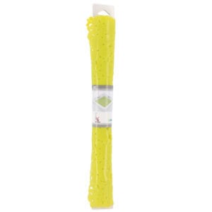 Lime green shower mat rolled in cylindrical PVC packaging with product label