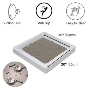 Product features diagram showing suction cups, anti-slip surface, easy cleaning, and dimensions 20x20 inches square