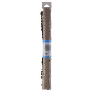 Taupe shower mat rolled in cylindrical PVC packaging with blue label