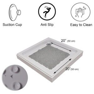 Product features diagram showing suction cups, anti-slip surface, easy cleaning, and dimensions 20x20 inches square
