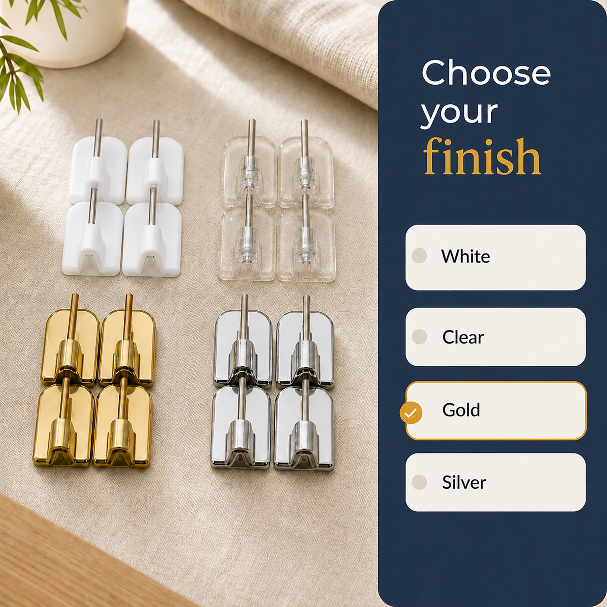 Adhesive curtain rod hooks in white, clear, gold and silver finish options