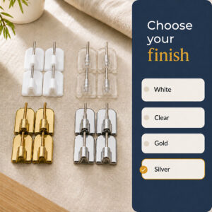 Adhesive curtain rod hooks in white, clear, gold and silver finish options