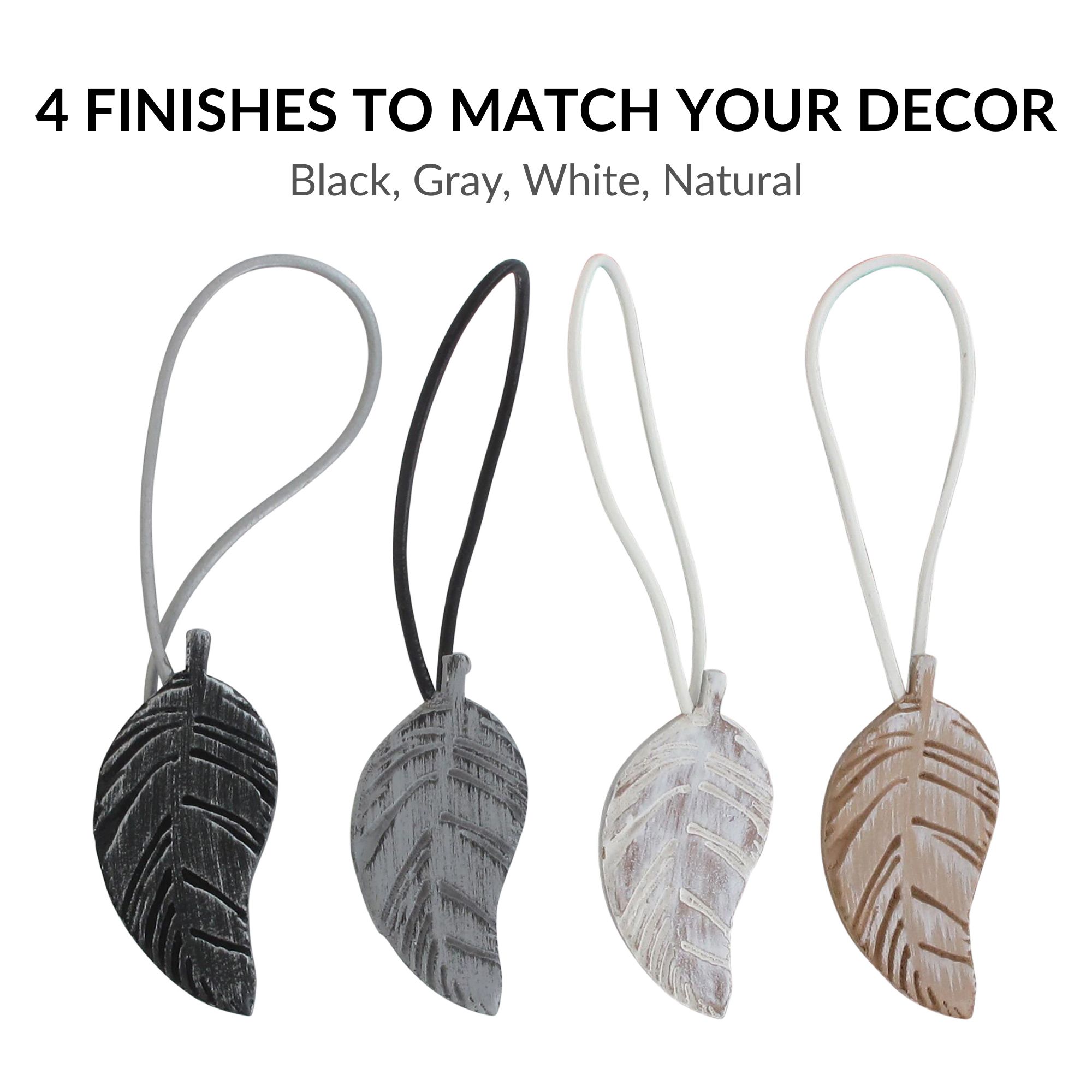 Four leaf curtain tieback finishes: black, gray, white and natural wood