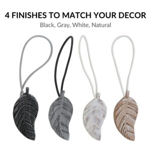Four leaf curtain tieback finishes: black, gray, white and natural wood