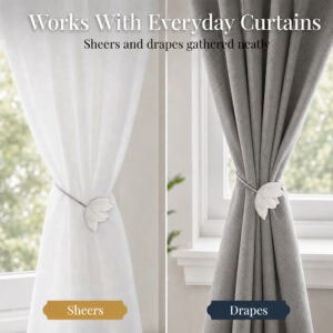 sheers/drapes: White tulip tieback gathering a white sheer curtain on the left and a gray drape on the right, showing it works with both.