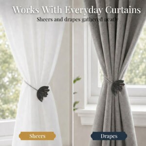 sheers/drapes: Black tulip tieback gathering a white sheer curtain on the left and a gray drape on the right, showing it works with both.