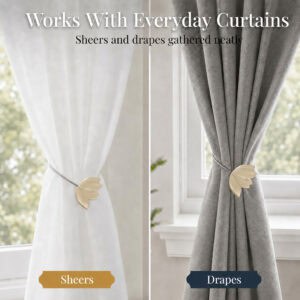 sheers/drapes: Gold tulip tieback gathering a white sheer curtain on the left and a gray drape on the right, showing it works with both.
