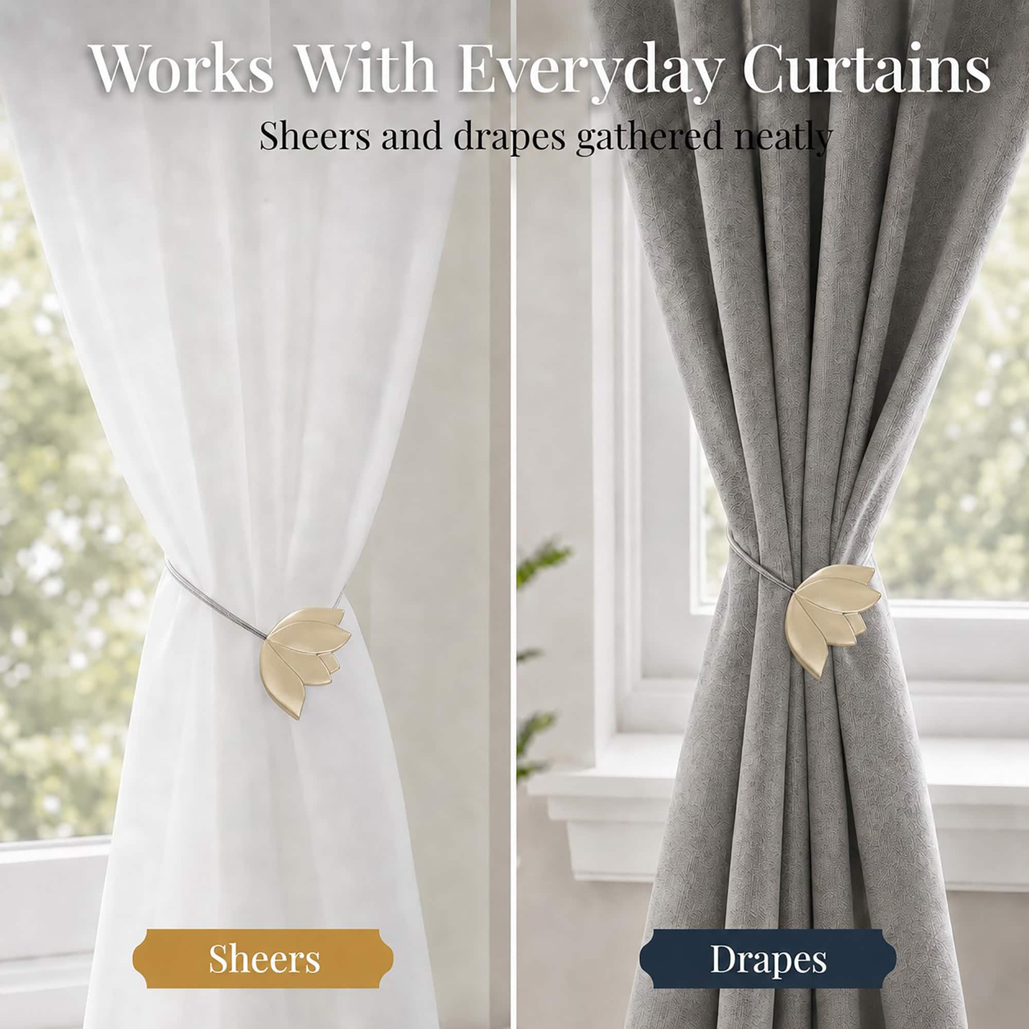 sheers/drapes: Gold tulip tieback gathering a white sheer curtain on the left and a gray drape on the right, showing it works with both.