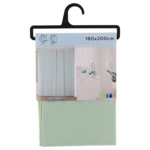 Packaged almond green shower curtain with product label