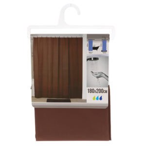 Packaged brown shower curtain with product label