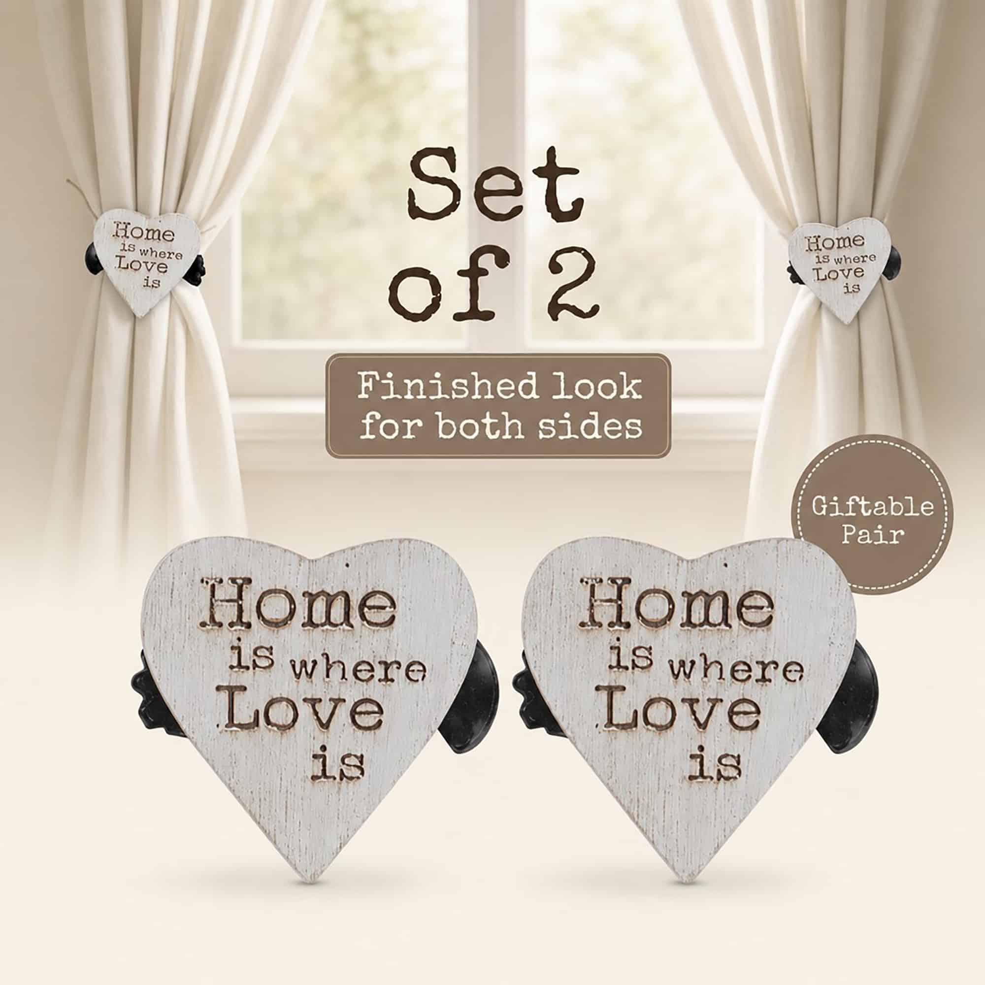 9- Set of 2 heart curtain tiebacks dressing both sides of a window over ivory curtains, presented as a giftable pair