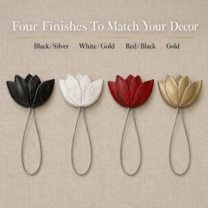 four finishes: Four layered resin tulip tiebacks lined up on linen in Black Silver, White Gold, Red Black, and Gold finishes with twisted cables.