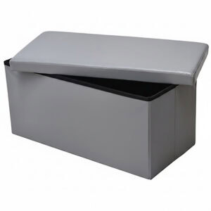 "Gray faux leather folding storage ottoman bench with lid partially open, product isolated on white"