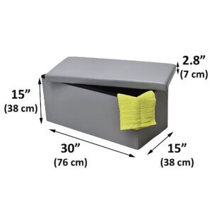 "Dimensions diagram: gray storage ottoman bench, 30 in × 15 in × 15 in with 2.8 in cushioned lid"