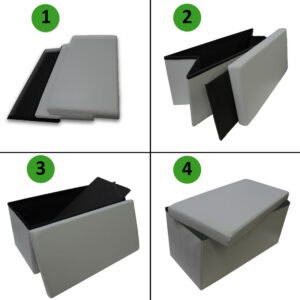 "Four-step assembly diagram showing gray faux leather storage ottoman bench folding from flat to fully assembled"