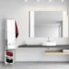 bathroom with Rolling-Swivel-Storage-Tower-Cabinet-Organizer-Linen-Mirror