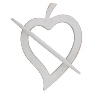 "White distressed wood heart-shaped curtain tieback with diagonal pin"
