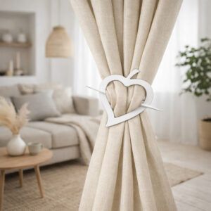 "White wooden heart tieback holding beige curtain in bright living room"