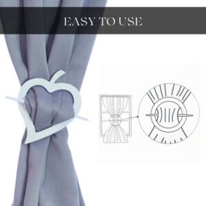 "How-to diagram showing white wood heart tieback threading curtain fabric"