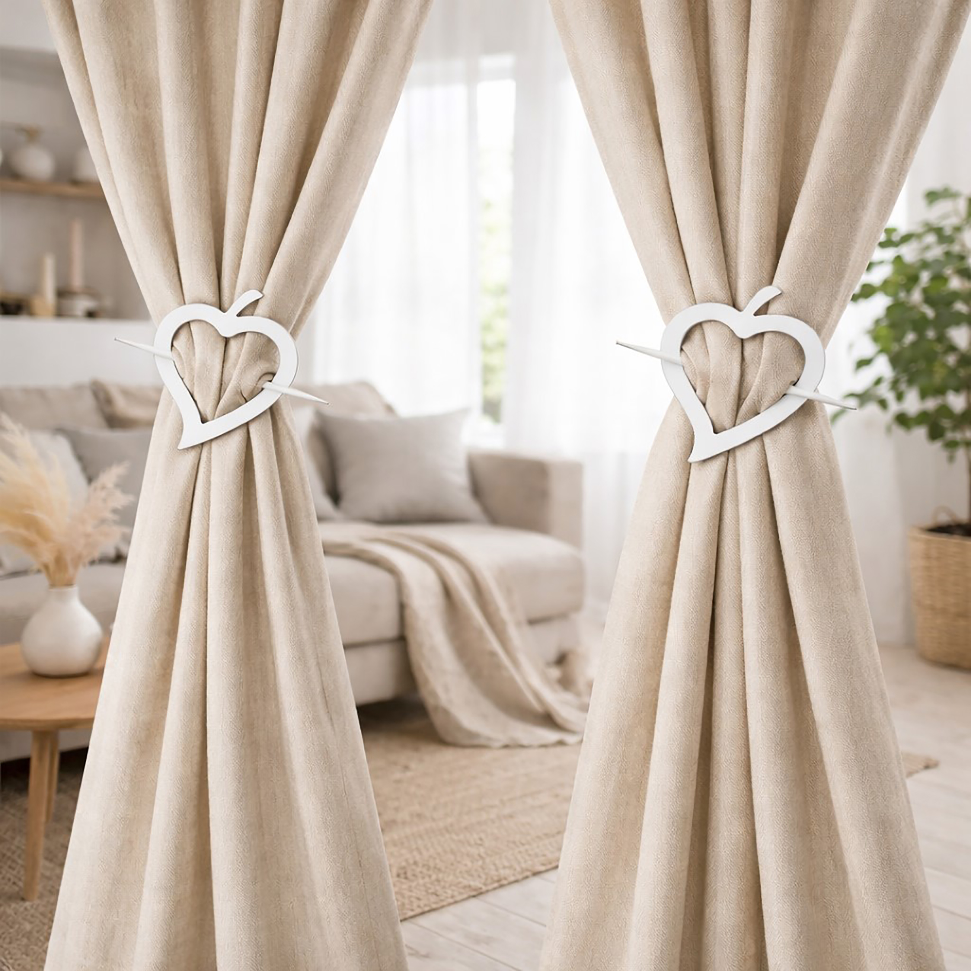 "Pair of white wooden heart tiebacks on both beige curtains in living room"