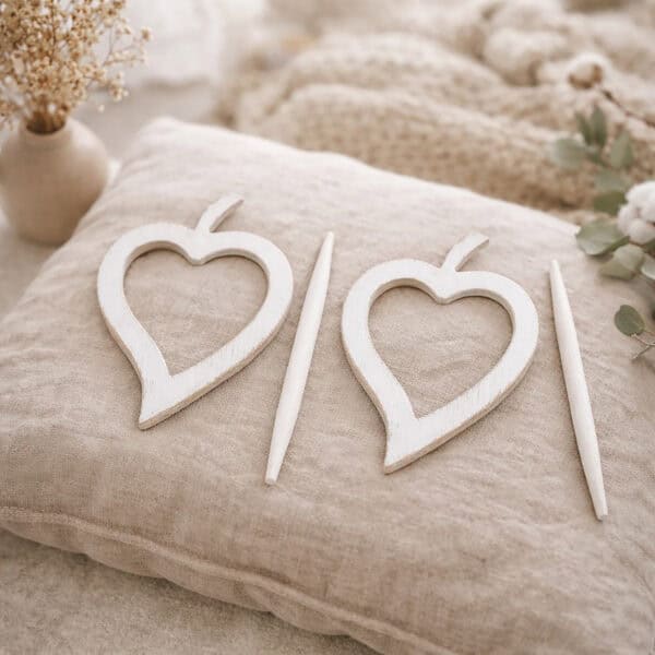 "Set of two white wood heart frames and pins displayed on linen cushion"