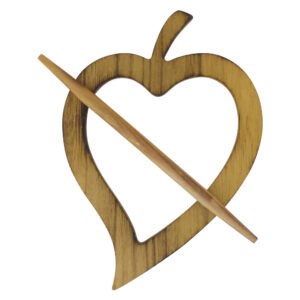 "Natural wood grain heart-shaped curtain tieback with diagonal pin"