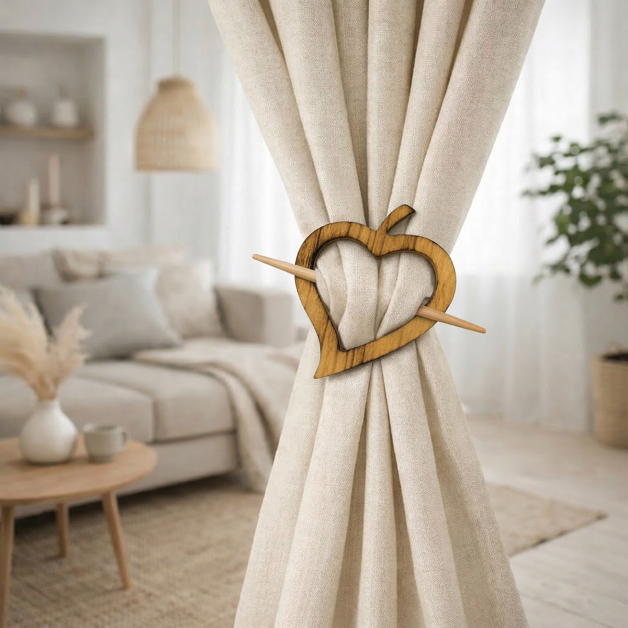 "Natural wooden heart tieback holding beige curtain in bright living room"