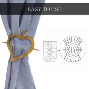 "How-to diagram showing natural wood heart tieback threading curtain fabric"