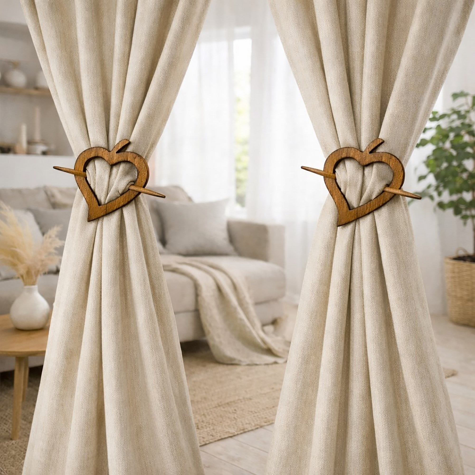 "Pair of natural wooden heart tiebacks on both beige curtains in living room"