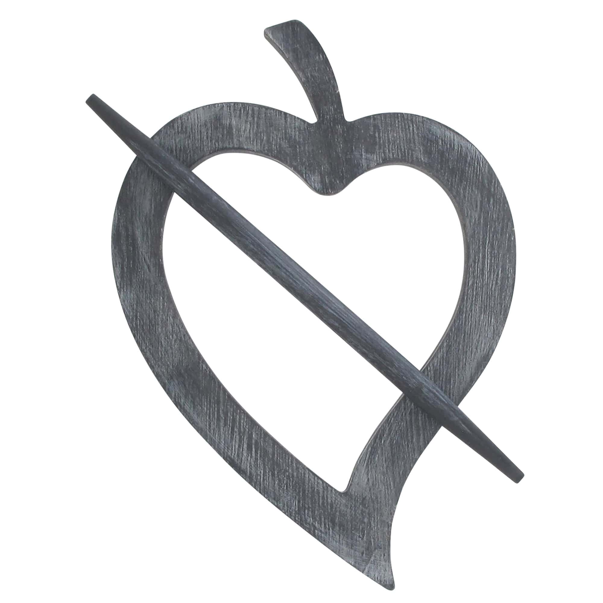 "Washed gray distressed wood heart-shaped curtain tieback with diagonal pin"