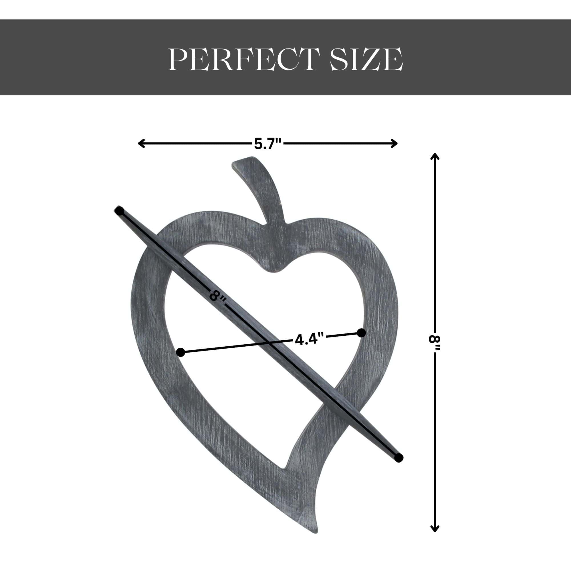 "Gray heart tieback dimensions diagram: 5.7" wide, 8" tall, 8" pin"