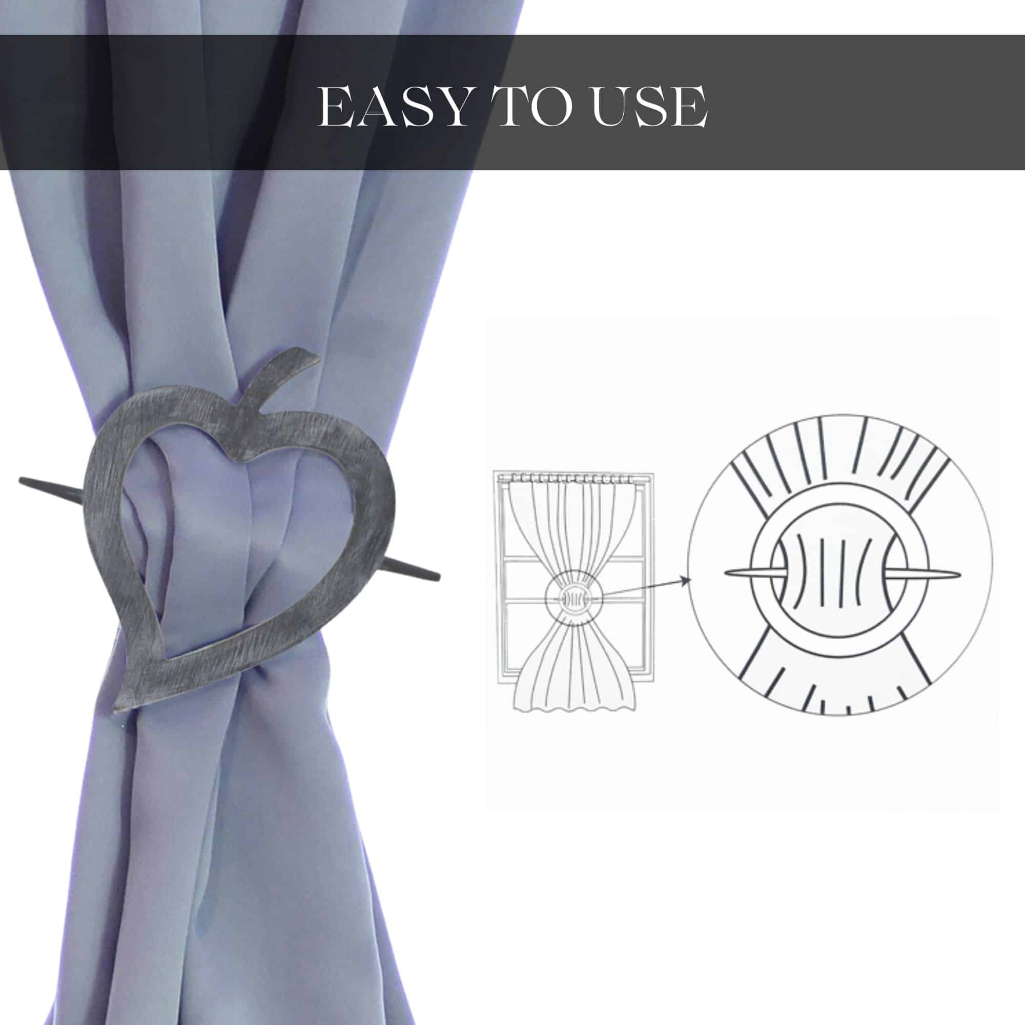 "How-to diagram showing gray wood heart tieback threading curtain fabric"