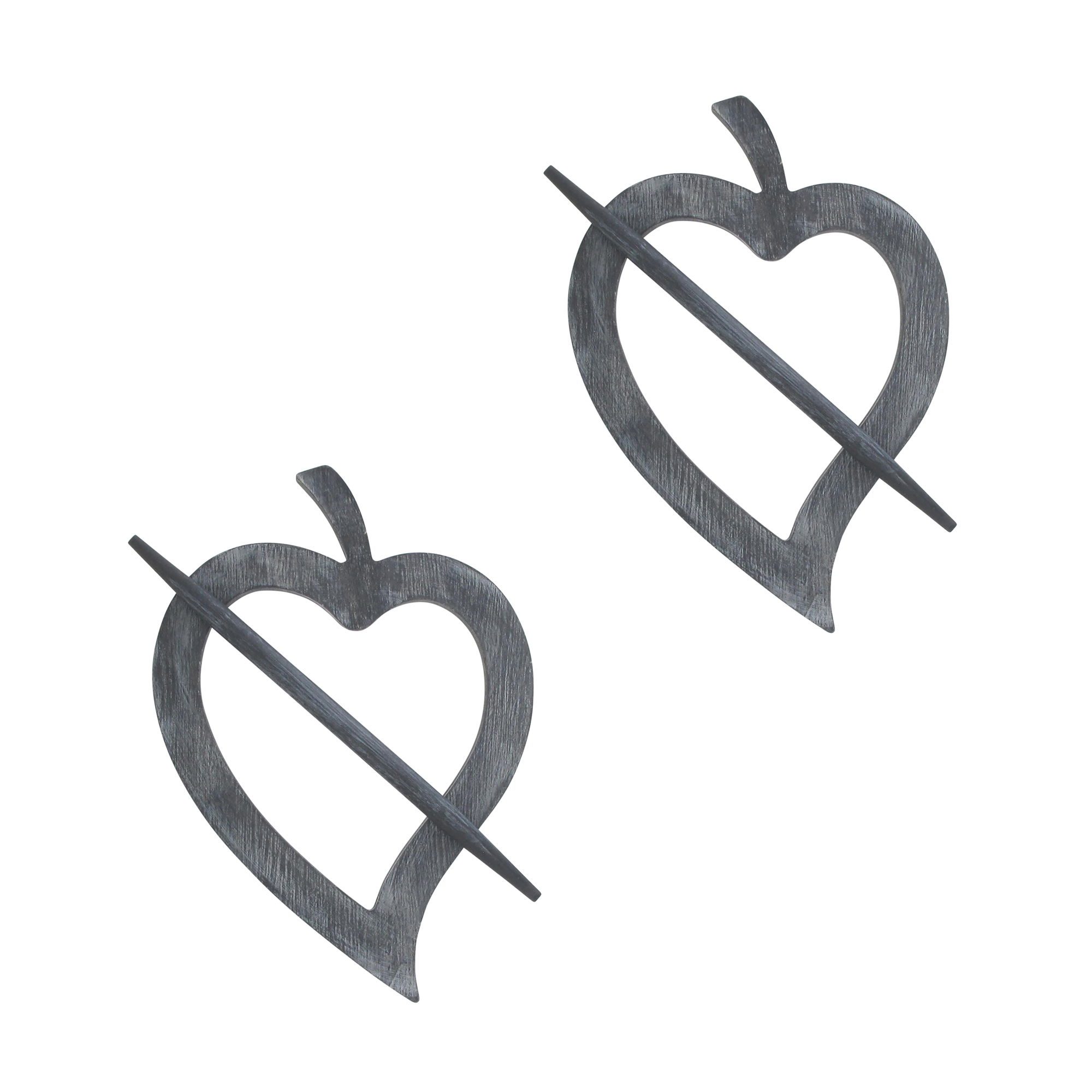 "Set of two washed gray distressed wood heart-shaped curtain tiebacks with pins"