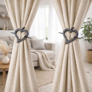"Pair of gray washed wooden heart tiebacks on both beige curtains in living room"