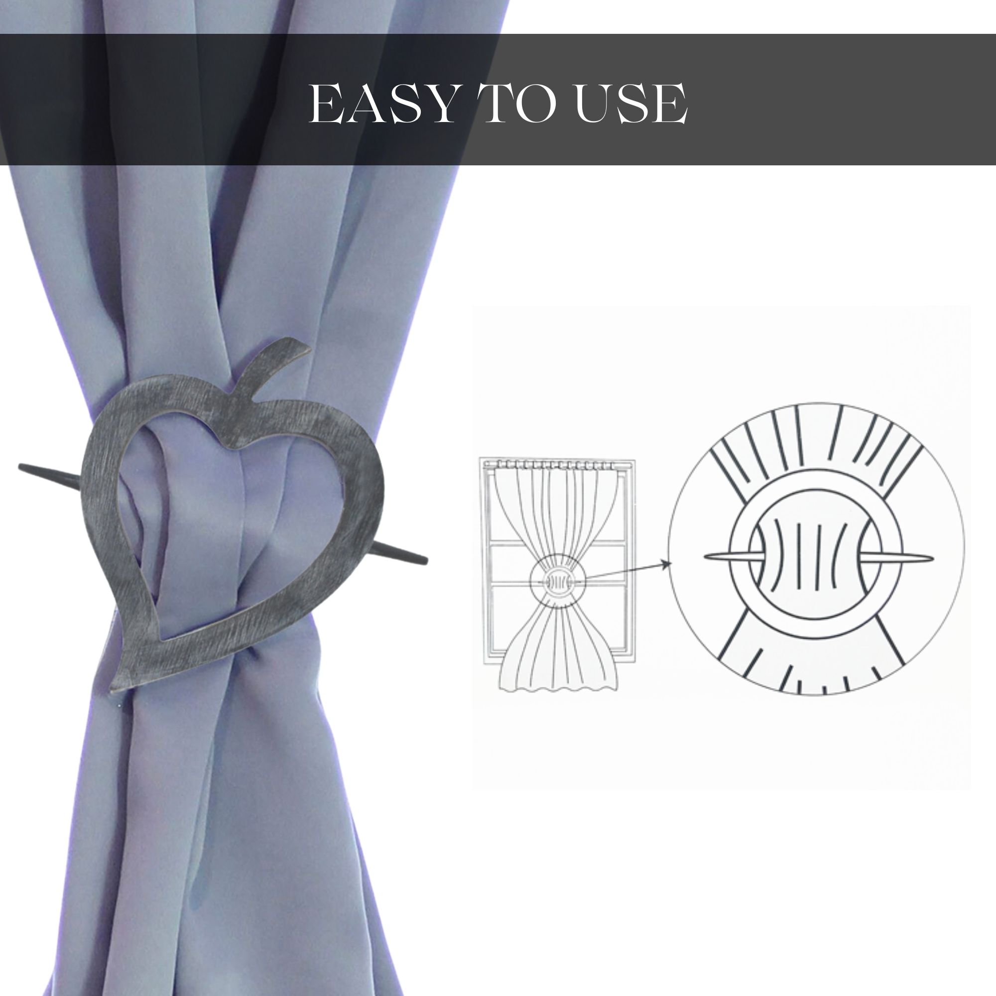 "How-to diagram showing gray wood heart tieback threading curtain fabric"