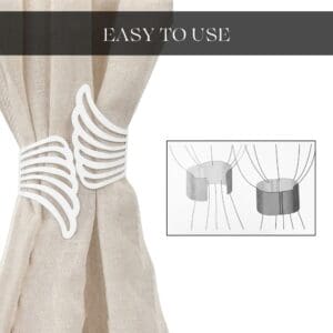 "White wings curtain tieback in use with illustrated installation diagram"