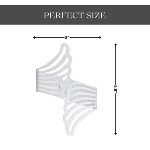 "White metal wings tieback with dimensions: 3 inches wide by 3.8 inches tall"