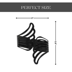 "Black metal wings tieback with dimensions: 3 inches wide by 3.8 inches tall"